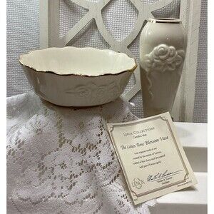 Lenox Rose Blossom Bowl 24k Gold Trim & Matching Bud Vase With Certificate